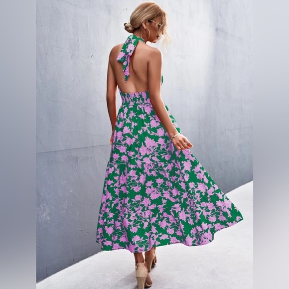 Floral Halter Maxi Dress Green Pink Tiered Vacay Cruise Ruffle Shirred Resort XL - Picture 2 of 10